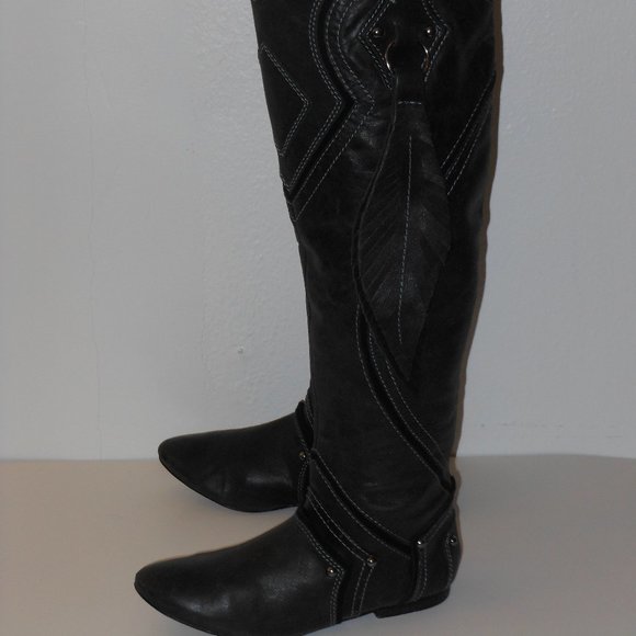 ZIGINY TAN AND BLACK LEATHER KNEE HIGH BOOT LOT SIZE 6.5 MEDIUM - Picture 12 of 16
